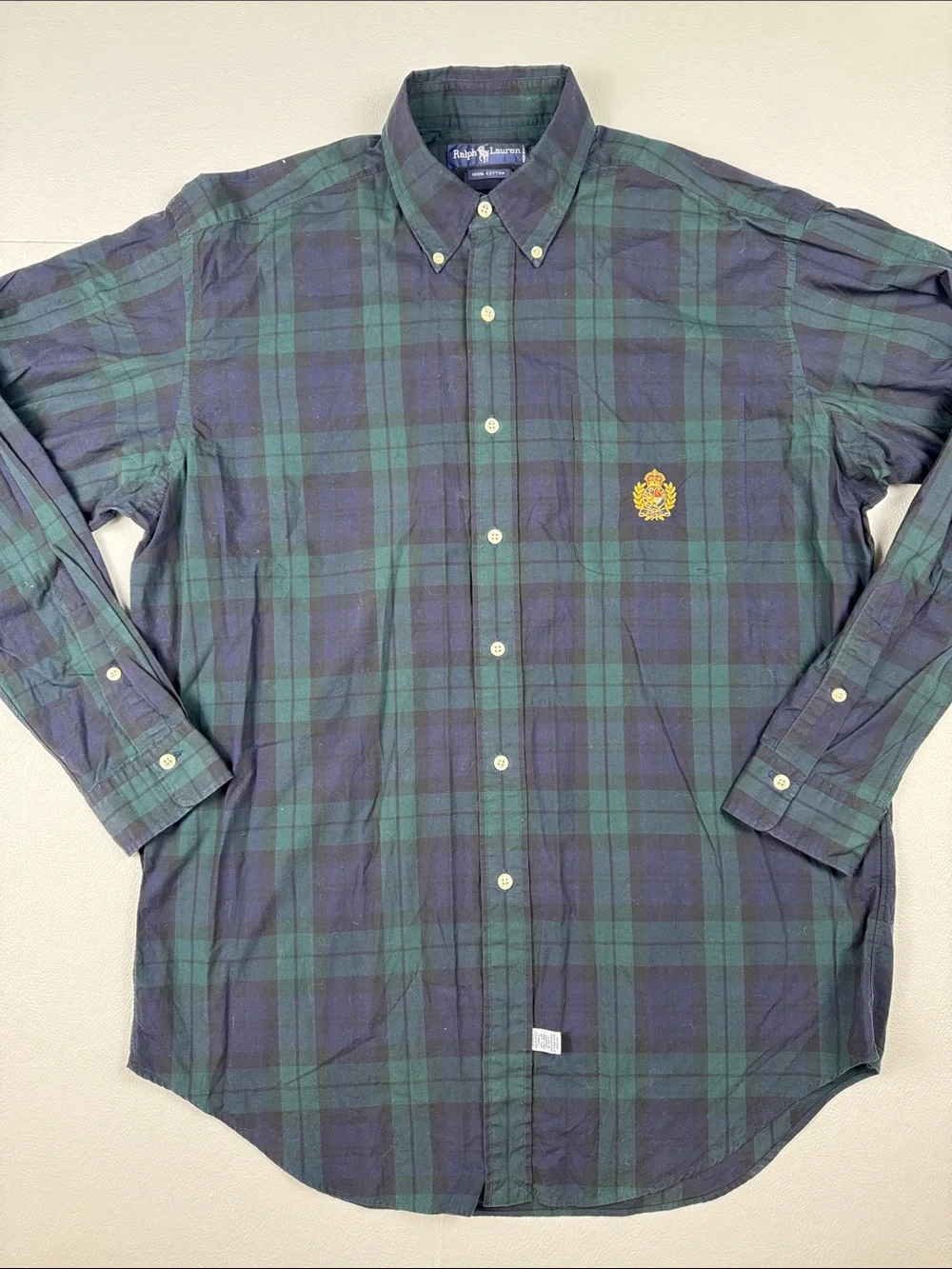 Ralph Lauren Men’s Medium Blackwatch Plaid Button Down Shirt Crest Logo Cotton